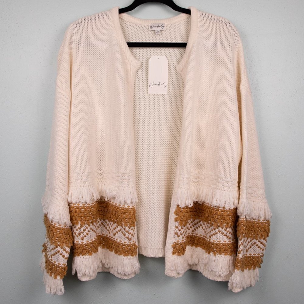 Wonderly cream and tan fringe open cardigan NWT-XL